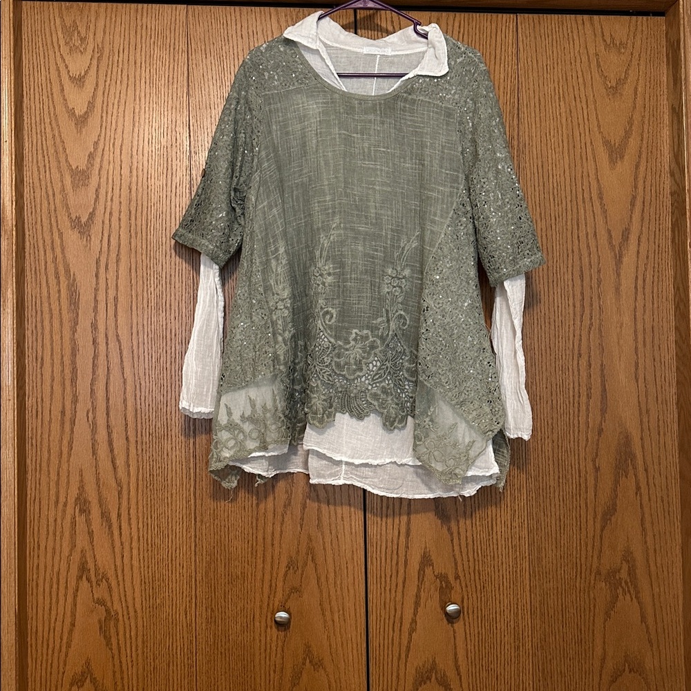 Green Embroidered Layered Top